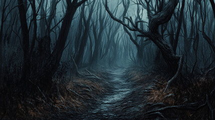 Wall Mural - haunted forest path with eerie shadows and twisted branches