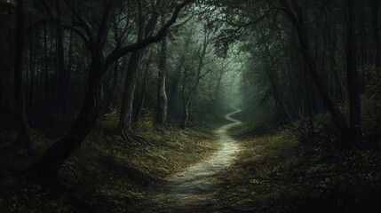 Wall Mural - haunted forest path with eerie shadows and twisted branches