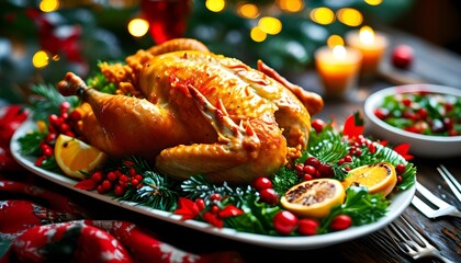 Wall Mural - Festive Christmas and New Year Feast Featuring Oven-Roasted Turkey and Fried Chicken Delights