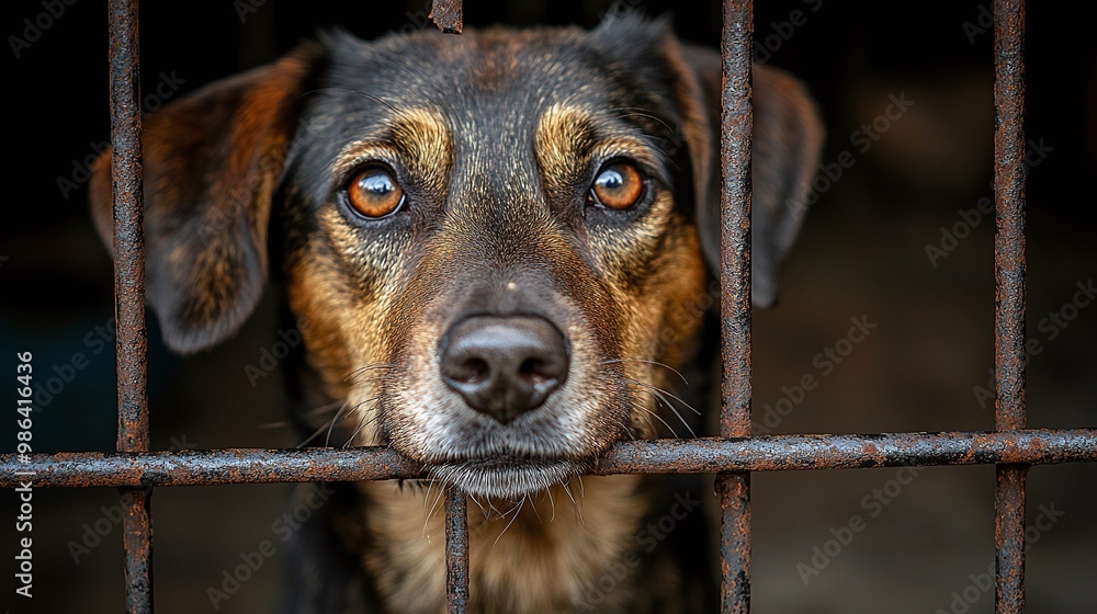 stray dog confined in a rusty cage at an animal shelter, looking sad ...