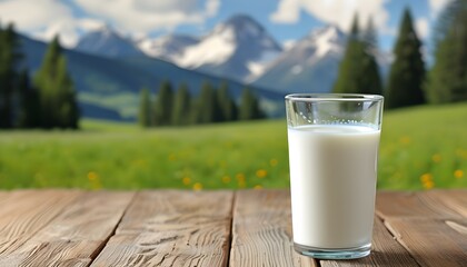 Wall Mural - White mug filled with natural cows milk on a table with a soft-focus background