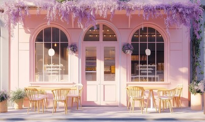 Pink building with cafe patio and wisteria.