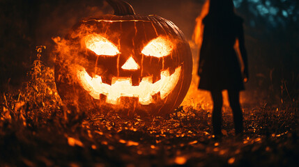 Wall Mural - creepy figure standing in front of a glowing jack-o-lantern