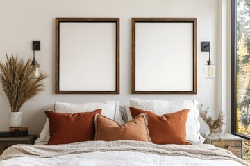 Side shot of two wooden thin empty frames in a contemporary southern cottagecore bedroom, ideal for home decor inspiration Generative AI