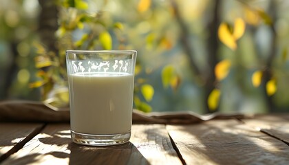 Wall Mural - White mug filled with natural cows milk on a table with a soft-focus background