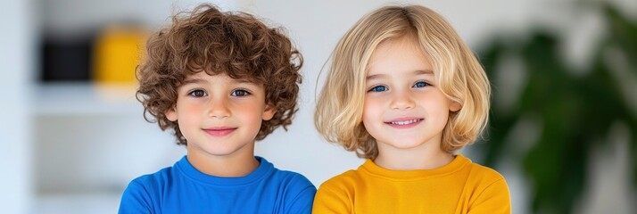 two little boys with curly hair and looking at camera, posing against an indoor background