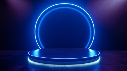 Blank podium with circle blue neon lights. Suitable for promoting products