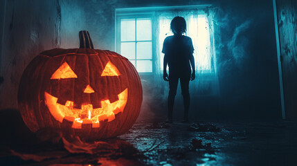 Wall Mural - creepy figure standing in front of a glowing jack-o-lantern