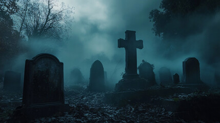 Wall Mural - fog swirling around tombstones in a dark, spooky graveyard