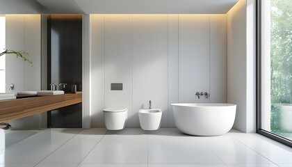 Wall Mural - Modern bathroom featuring sleek white fixtures and a spacious layout with a bathtub, sink, and toilet designed for comfort and style