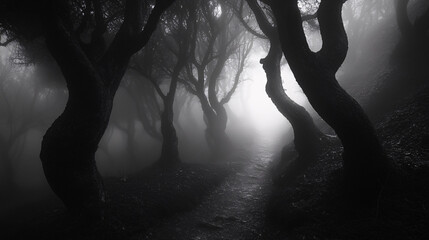 Wall Mural - dark, twisted trees surrounding a misty forest path