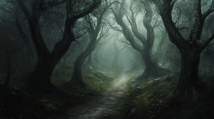 Wall Mural - dark, twisted trees surrounding a misty forest path