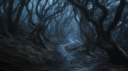 Wall Mural - dark, twisted trees surrounding a misty forest path
