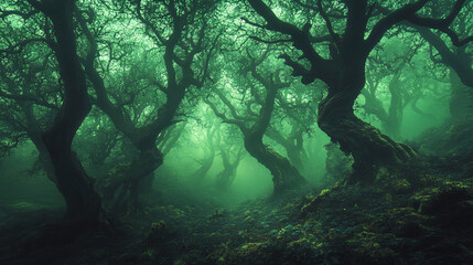 Wall Mural - spooky forest with twisted trees and eerie green mist