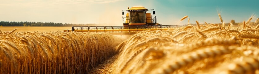 Combine Harvester Harvesting Wheat Field in Summer