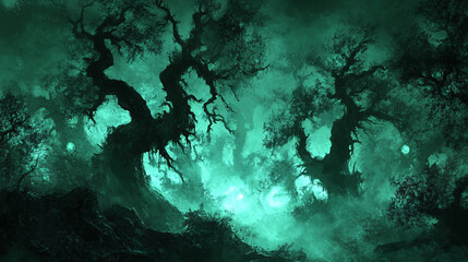 Wall Mural - spooky forest with twisted trees and eerie green mist