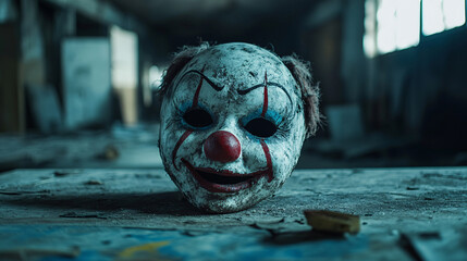 Wall Mural - creepy clown mask sitting on a dusty table in a dimly lit room