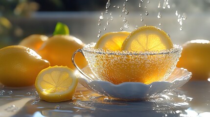 Wall Mural - Lemons in a Cup with Water Splash: Fresh and Refreshing