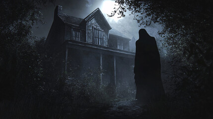 Wall Mural - creepy figure lurking in the shadows of an old, spooky house