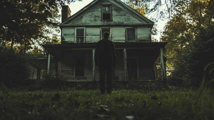 Wall Mural - creepy figure lurking in the shadows of an old, spooky house