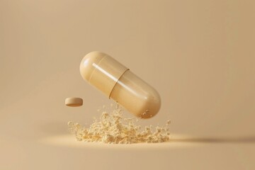 opened capsule showing supplement powder on beige colour background