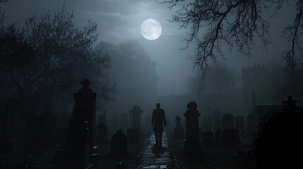 Wall Mural - dark figure walking through a fog-filled graveyard under the moon