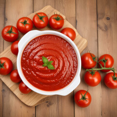 Deep plate with tomato paste or ketchup on wooden table with ripe tomatoes nearby