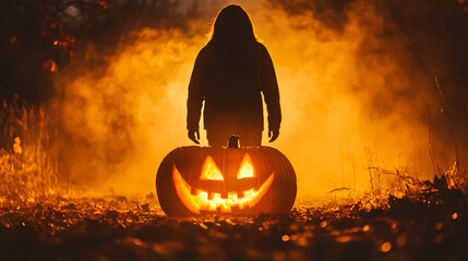 Wall Mural - dark silhouette of a figure standing in front of a glowing jack-o-lantern