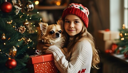 Wall Mural - Joyful girl celebrating Christmas with her Chihuahua by a beautifully adorned Christmas tree surrounded by colorful gift boxes