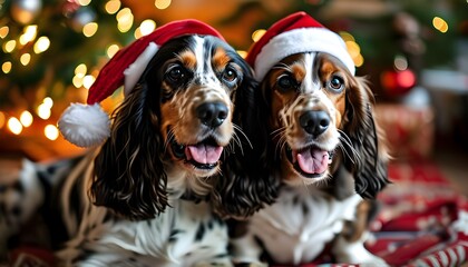 Wall Mural - Festive Christmas Celebration with a Girl and Her Joyful Spaniel Dog