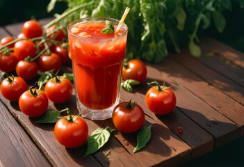 Tomato juice in clear glass goblets with sprigs of herbs