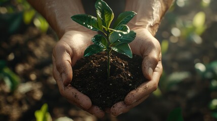 Small plant with soil held in hands, tree in hands.