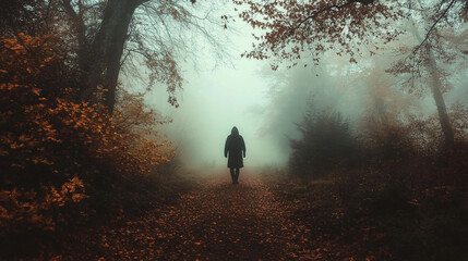 Wall Mural - dark shadowy figure walking through a misty forest trail