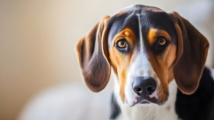 A close-up of a Treeing Walker Coonhound dog, focusing on its floppy ears and gentle expression against a soft, light backdrop