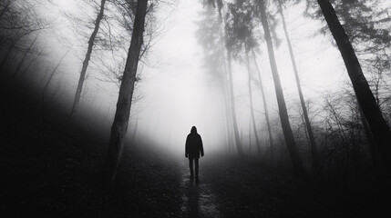 Wall Mural - dark shadowy figure walking through a misty forest trail