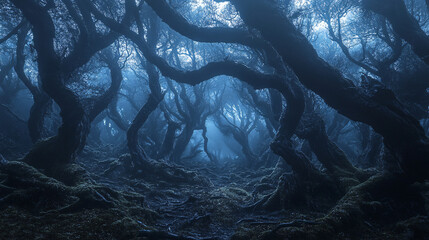 Wall Mural - haunted forest with twisted trees and eerie lighting