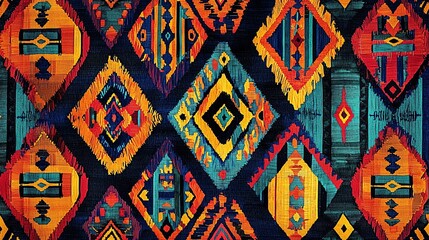Poster - Vibrant tribal pattern featuring colorful diamond shapes on a dark background, ideal for textile or home decor projects.