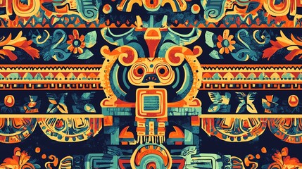 Poster - Vibrant tribal pattern featuring intricate designs and bold colors, perfect for textiles or decorative art.