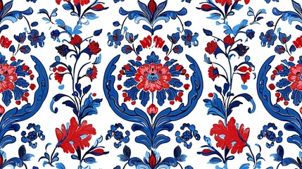 Poster - A vibrant floral pattern featuring red and blue flowers on a white background, perfect for textiles or home decor.