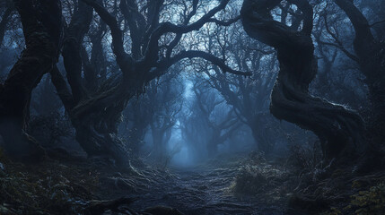 Wall Mural - haunted forest with twisted trees and eerie lighting