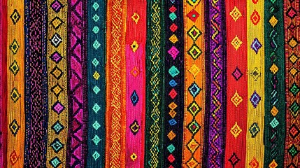 Poster - Colorful textile pattern featuring intricate designs and vibrant hues, suitable for backgrounds and artistic projects.