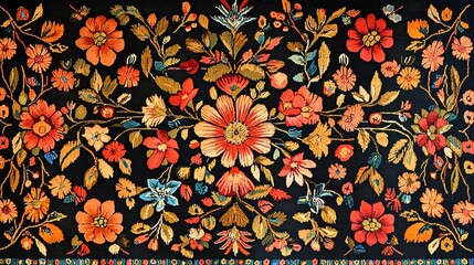 Poster - Vibrant floral pattern featuring intricate designs of flowers and leaves on a dark background, perfect for textile prints.