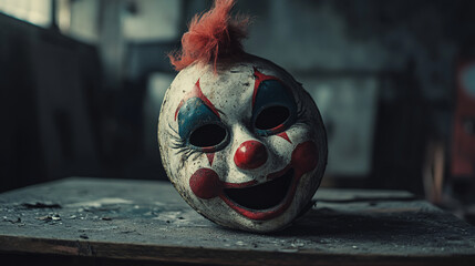 Wall Mural - creepy clown mask sitting on a dusty table in a dark room