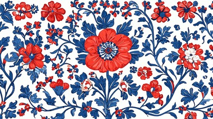 Poster - Vibrant floral pattern featuring red and blue flowers intricately intertwined on a white background, perfect for design projects.