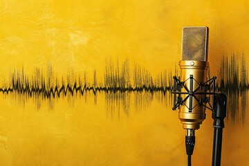 Wall Mural - Retro microphone with sound wave on yellow background. Music concept.