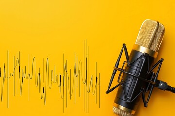 Wall Mural - Retro microphone with sound wave on yellow background. Music concept.