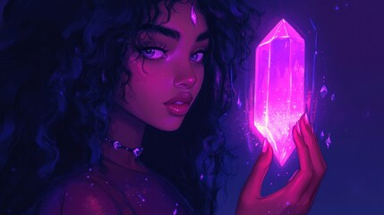 Canvas Print - A majestic female sorceress with elegant black curls holds a glowing crystal while standing against a dark fantasy-inspired backdrop with vibrant colors and magical energy.