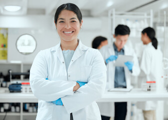 Aufkleber - Portrait, arms crossed or woman with smile in laboratory for science breakthrough, clinical trial or discovery. Medical, proud or happy scientist with vaccine research, cure or disease development