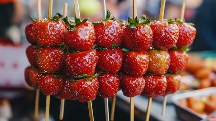 Delicious candied strawberries skewers covered in syrup being sold as street food