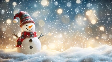 cute christmas snowman in winter snow with blur bokeh background, christmas background